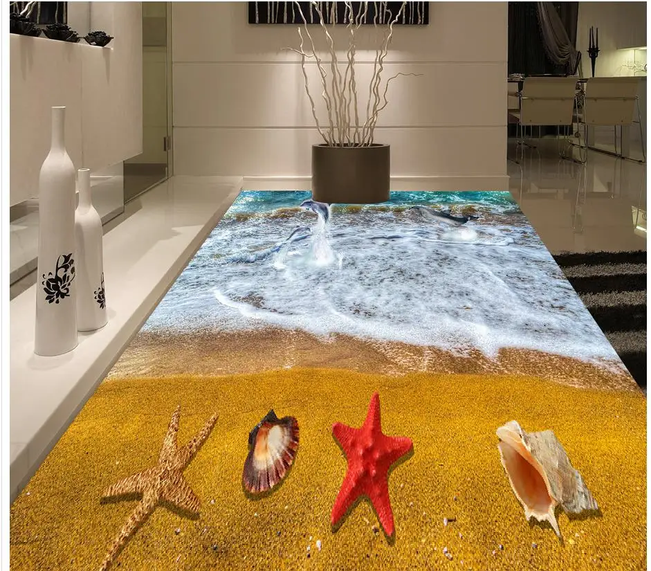 

3D Floor Non-slip Waterproof Self-adhesive PVC Wallpaper Beach Starfish Floor Painting Modern Custom 3D Floor Mural