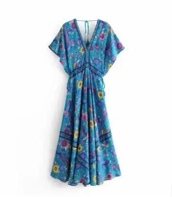 

1pcs/lot Boho Vintage Floral Peacock Print Long Dress Women Bandage V Neck Summer Beach Dress 4colors