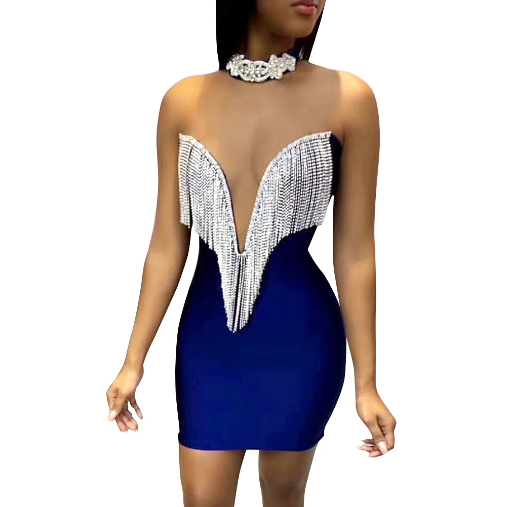 

High Quality Pink Crystal Tassel Sleeveless Celebrity Rayon Bandage Dress Party Bodycon Dress