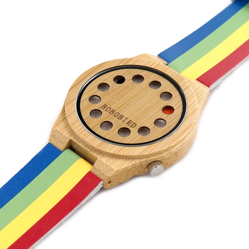 BOBO BIRD V-A01 Mens Wooden Watch 12 Holes Design Bamboo Dial Rainbow Band Quartz Watch in Gift Box montre homme marque de luxe