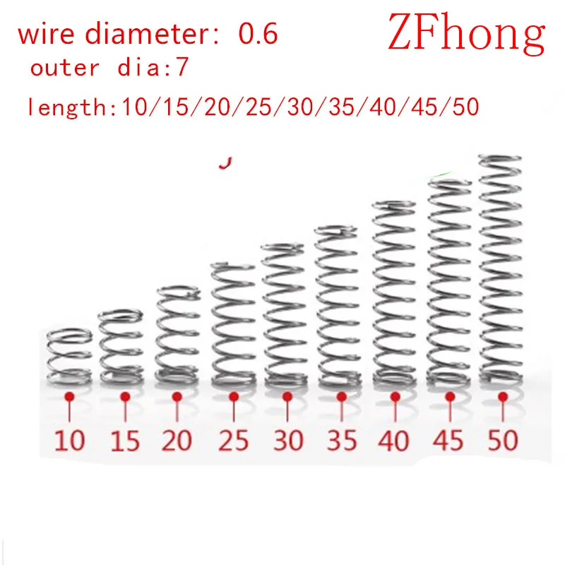 20 шт./лот 0,6*7*10/15/20/25/30/35/40/45/50 мм 0,6 мм из нержавеющей стали, микро маленькая Пружина сжатия Наружный диаметр: 7 мм