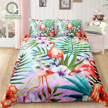 

BOMCOM 3D Digital Printing Bedding Set Watercolor Tropical Floral Pattern with Flamingo 3-Piece Duvet Cover Sets 100% Microfiber