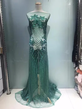 

Teal green African french tulle lace fabrics 2018 high quality French net sequins embroidery lace tulle fabric 5 yards KER-05