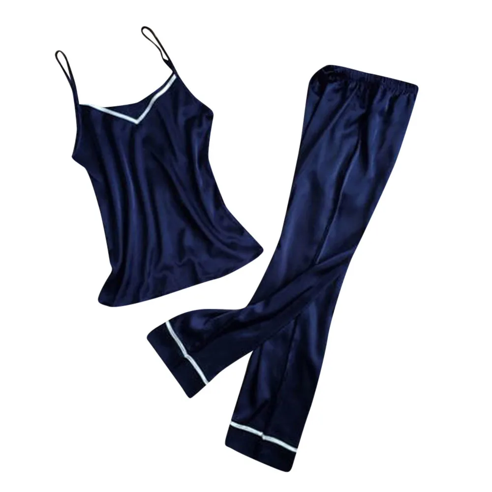 

Women Sleepwear Sleeveless Strap Nightwear Lace Trim Satin Cami Top Pajama Sets Causal Loose harajuku sudadera mujer