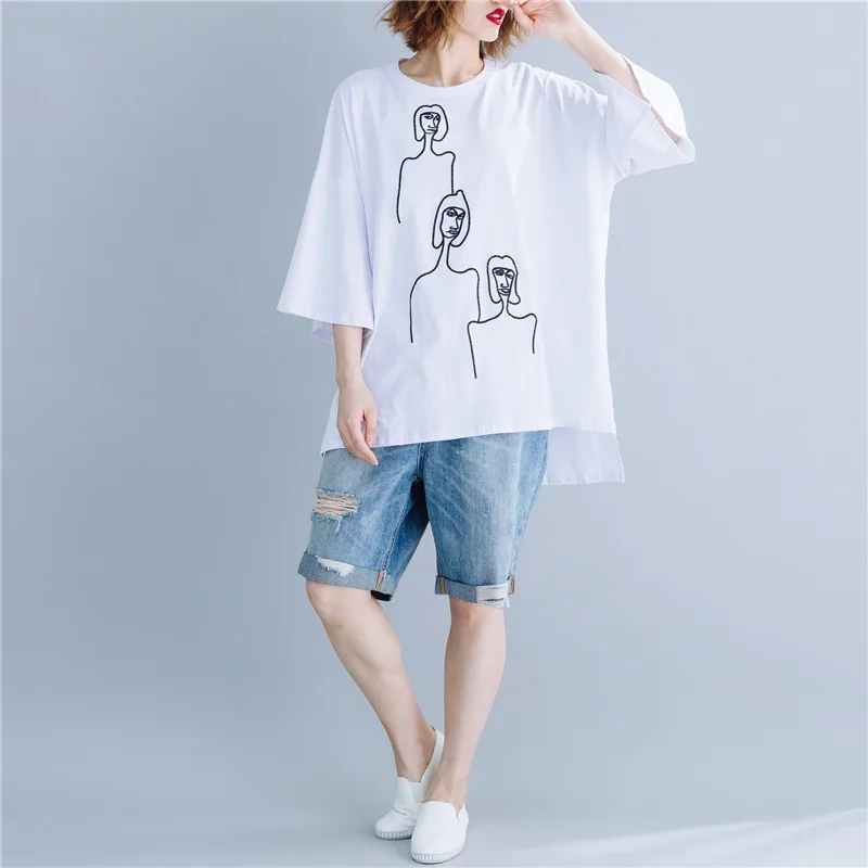 Корейский хлопок белье размера плюс Винтажная летняя повседневная свободная футболка женская футболка Одежда Топы уличная одежда - Цвет: Белый