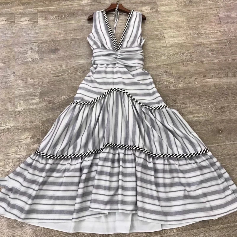 

Sexy V-neck Dress Long Summer Elegant Sleeveless Party Backless Striped Dress With Bow 2019 Fashion New Arrival Dress Women