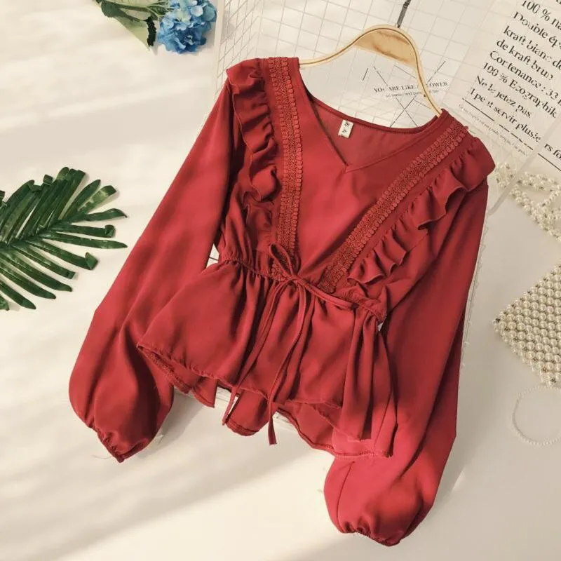 

Women V Collar Chiffon Blouse 2019 Spring New Female Puff Sleeve Stitching Lace Ruffles Solid Color Elegant Waist Shirts Tops