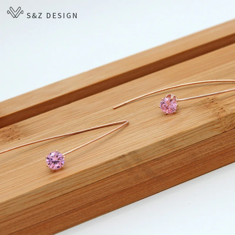 S& Z новые классические круглые длинные висячие серьги с кубическим цирконием 585 розовое золото японский/корейский стиль для женщин подарок на свадьбу