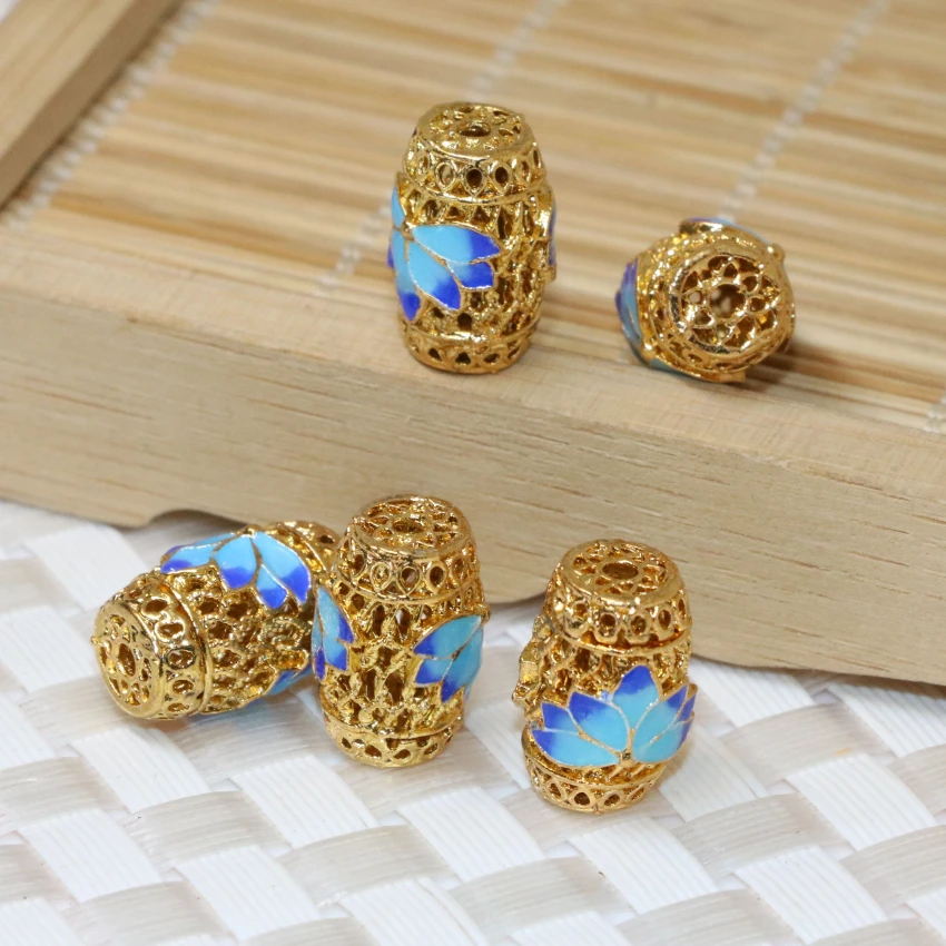 Wholesale Price 10*15mm 5pcs Goldcolor Cloisonne Beads Barrel Rice