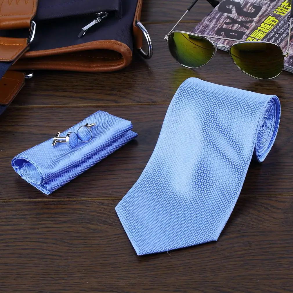Повседневное тонкие однотонные мужские солидные тонкие прямые шеи спортивные солнцезащитныt очки для мужчин галстук носовой платок комплект запонок 8 цветов - Цвет: Light Blue