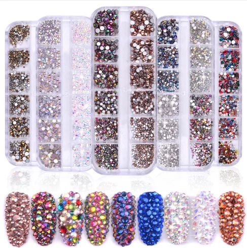 

1 Box Multi Size Glass Nail Rhinestones Mixed Colors Flat-back AB Crystal 3D Charm Gems DIY Manicure Nail Art Decorations