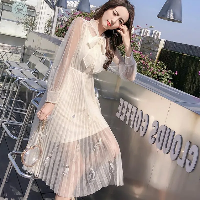 Young Gee Spring Princess Sweet Dress Lace Bow Collar Lantern Pearls Beading Sleeve Women Floral Pleated Party Dresses vestidos