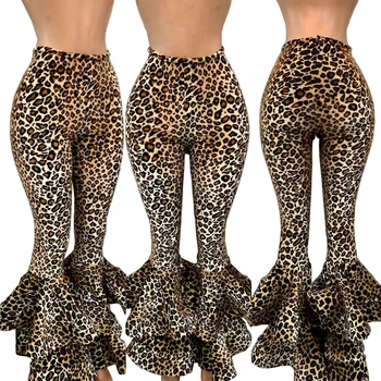 

Women Pants Leopard Print Bell-bottom Trousers Ruffles The Streets Wet Person Sexy Fashion S-XXL 2020 Autumn New Arrival