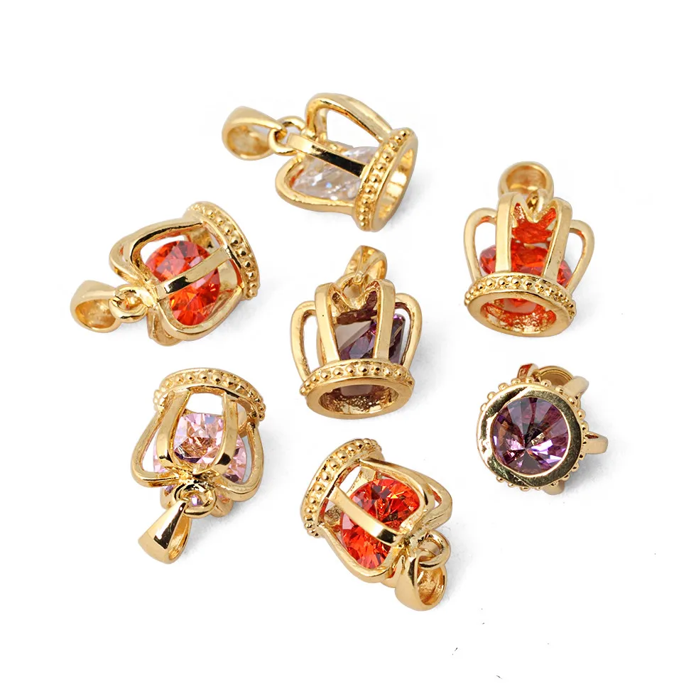 10PCS 24K Gold Color Plated Brass with Zircon King Crown Charms