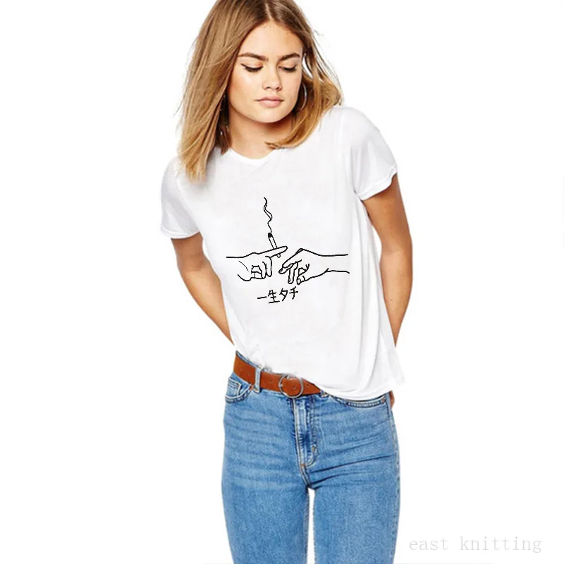 

Smoking Hand Print Women Short Sleeve Tops Cherish Life Unisex Loose T Shirt
