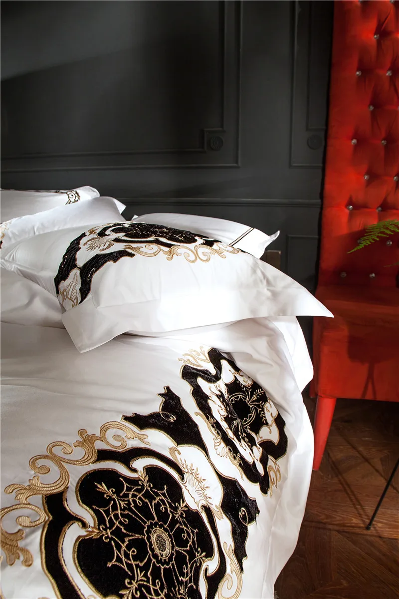 Waliicorners 100S Egyptian Cotton White Embroidery Luxury Bedding Set 4/6Pcs King Queen Size Wedding Bed Sheet Cover set Duvet cover Pillow 9 IMG_1250-2