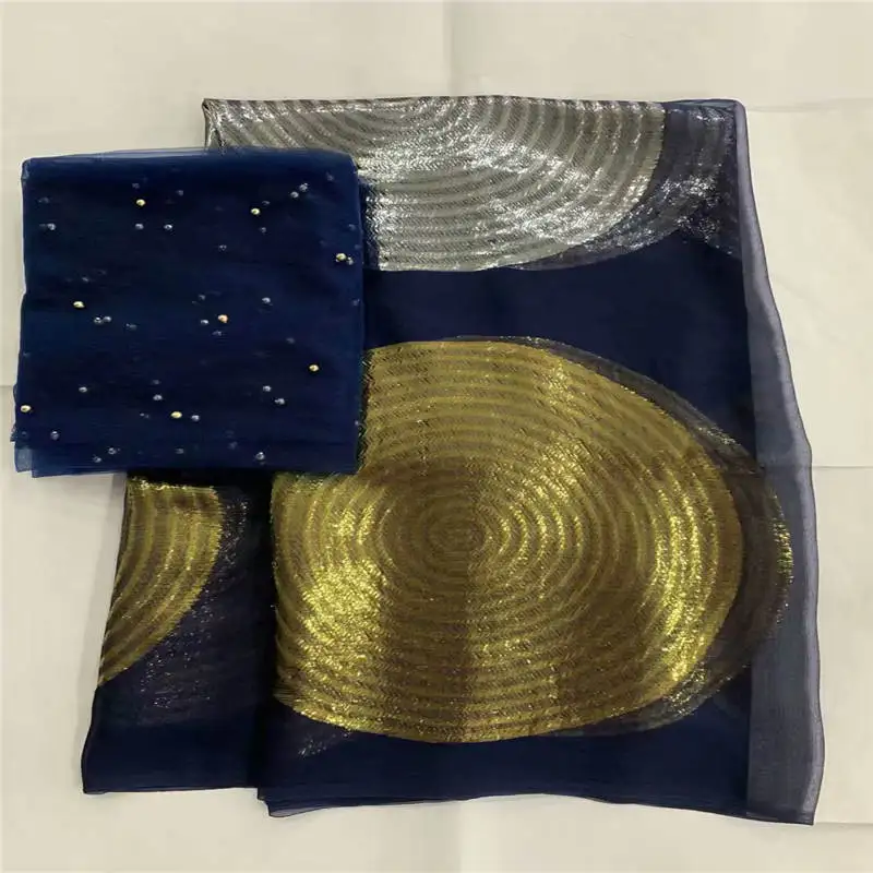 

Hot selling african wax pattern satin fabric nigerian bright color gold pattern design Elastic silk for dress 5 +2yards ! P60958