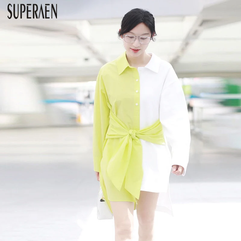 

SuperAe Fashion Shirt Dress Female Summer New 2019 Long Sleeve Ladies Dress Cotton Casual Korean Style Women Clothing