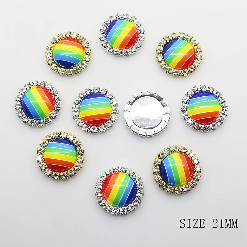 

10pcs/lot 21mm Round Rainbow Acrylic Rhinestone Buttons for Clothes Metal Button Hair Jewelry DIY Handicraft Sewing Accessories