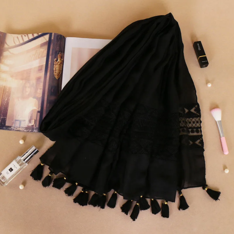 Национальная одежда аксессуары женский кружевной шарф с кисточками тюрбан мусульманский головной платок исламский хиджаб - Цвет: 8 black