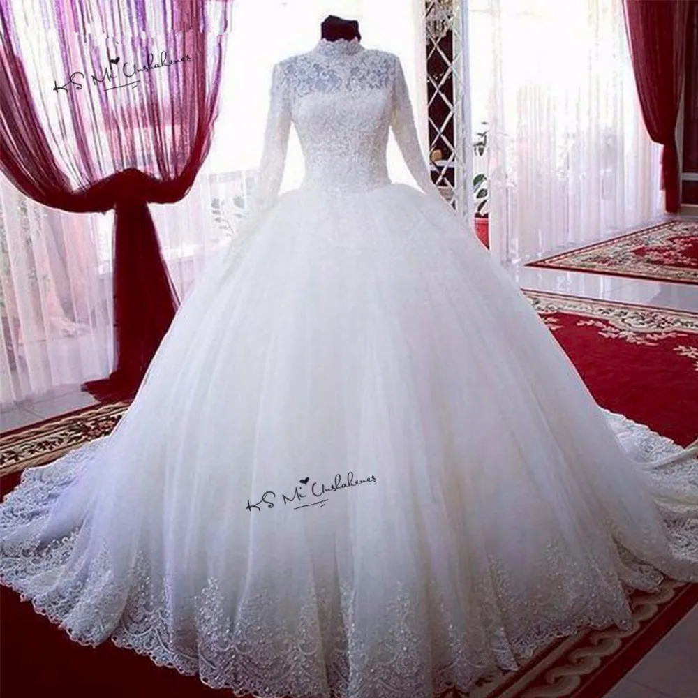 

Пышные кружевные свадебные платья с длинным рукавом бальное платье с высоким воротом платье невесты 2019 Дубай арабские мусульманские свадебные платья Vestido de Noiva