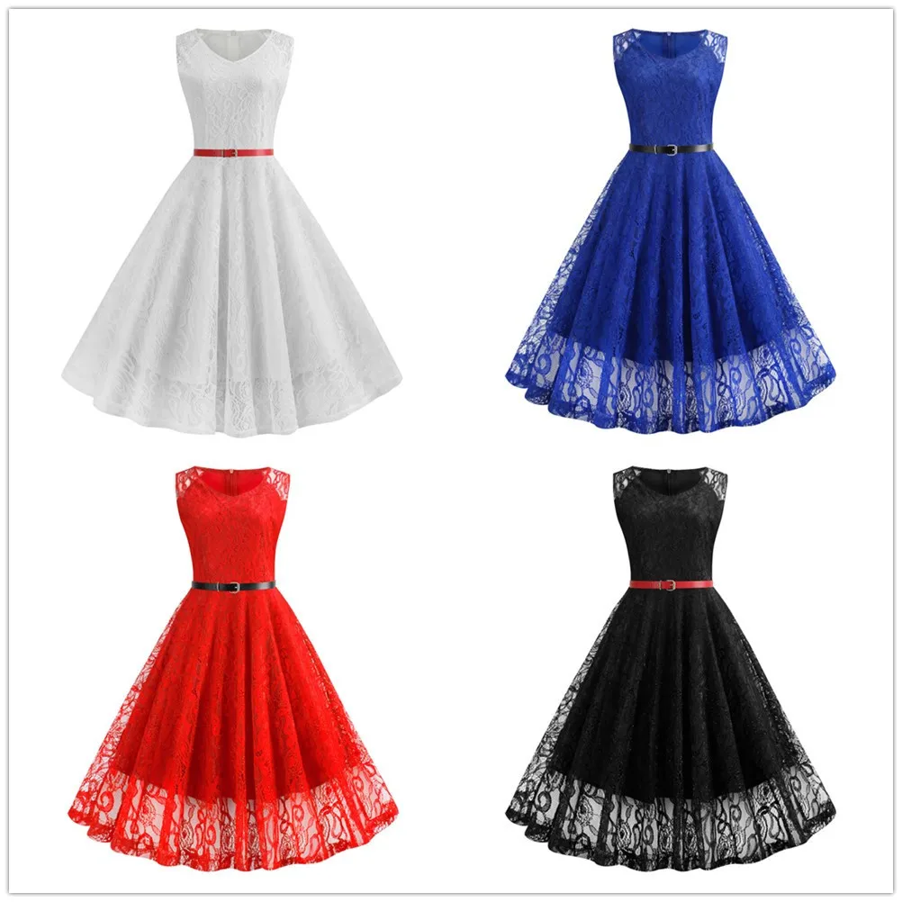 

Black White Summer Lace Dress Plus Size Women Sleeveless Vintage Swing Elegant Red Midi Party Office Dress Robe Femme Vestidos