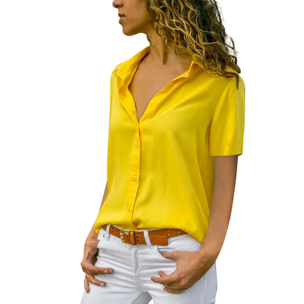 

FREE OSTRICH Women Shirts Solid Office Ladies Plain Short Sleeve V-Neck Temperament Cute Elegant Summer Top Blouse Women Shirts