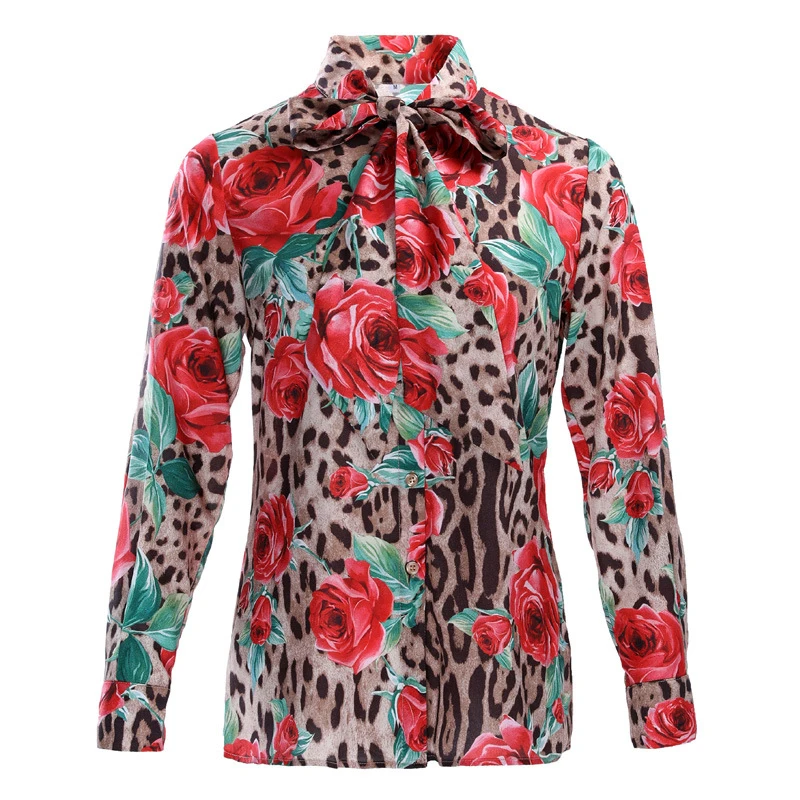 

2019 New Design Elegant Women Bow Collar Leopard Pattern Printing Fashion Shirts Plus Size Bohemian Blouse Summer Tops