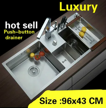 Buy Free Shipping Apartment Big Kitchen Manual Sink Double Groove Push Button Drainer 304 Stainless Steel Hot Sell 960x430 MM