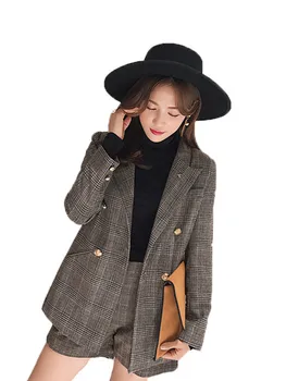 

Women's shorts suit two-piece suit (jacket + shorts) new hot women's fashion retro double-breasted plaid casual suit