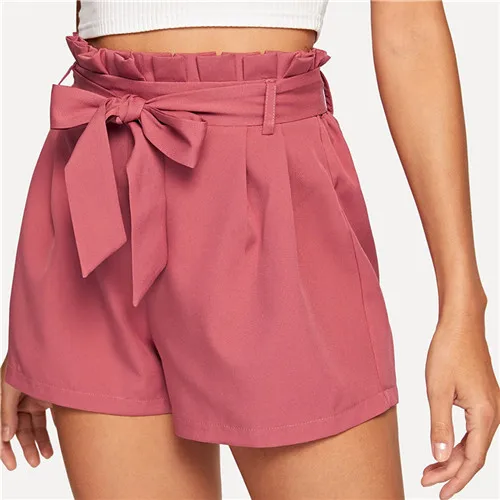 Dotfashion, однотонные шорты с завязками на талии, женские шорты, летние повседневные шорты, женские модные широкие шорты с высокой талией - Цвет: Pink-2