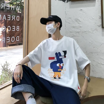 

2019 Summer Korean Men Casual Loose Cartoon Printing Cotton Tops Tee Solid Color Round Neck Short Sleeve T-shirt Homme M-2XL