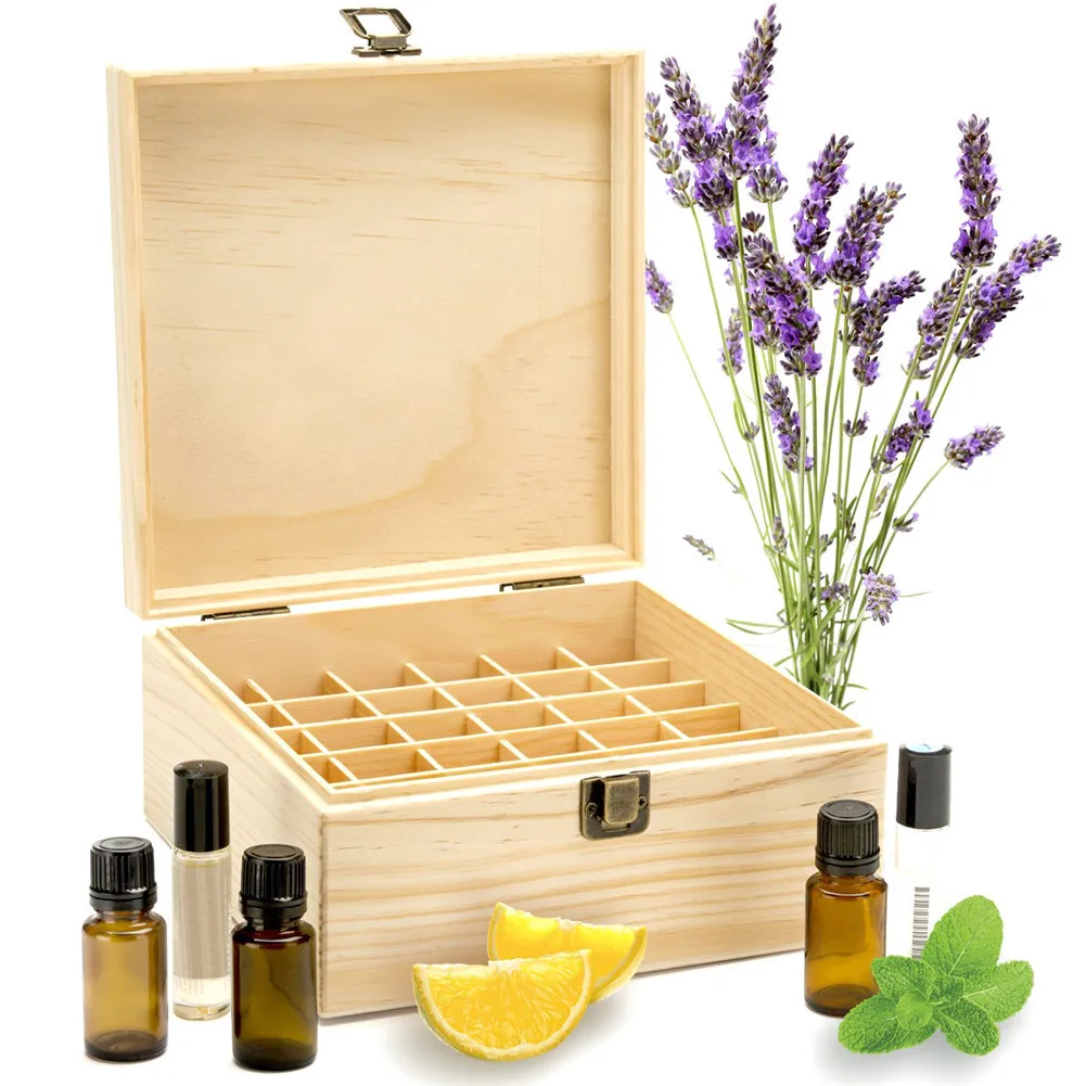 

25 Slots Wooden Essential Oils Box Solid Wood Case Holder Aromatherapy Bottles Storage Organizer 18.6*18.6*18.5cm Pine
