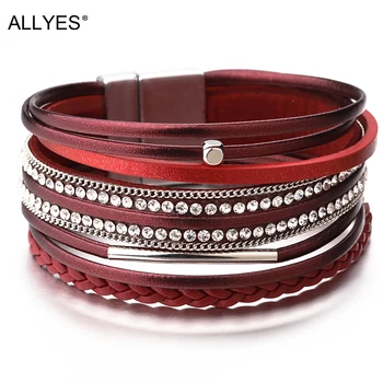 

ALLYES Braided Leather Bracelet Female pulseira feminina Boho Crystal Metal Charm Multilayer Wide Bracelets for Women Jewelry