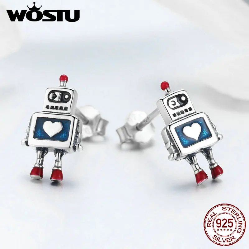 WOSTU, Новая мода, 925 пробы, серебряные, синие, сердце, робот, серьги-гвоздики для женщин, Оригинальные милые ювелирные изделия,, подарок FIE477
