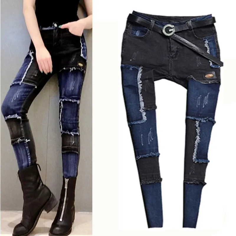 Elastic skinny capris denim women tassel zipper spliced