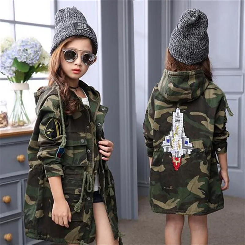 

Baby Girls Jacket 2018 Fashion Spring Autumn Camouflage Coats Army Children Windbreaker Girl Outerwear Hooded 6-16T Winter JMFFY
