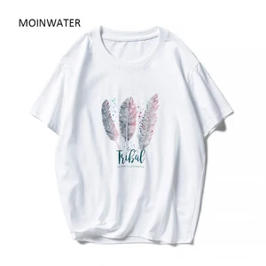MOINWATER New Women Casual Summer T shirts Fashion Lady 100% Cotton White Tees Short Sleeve Black T shirt Tops for Woman MT1904