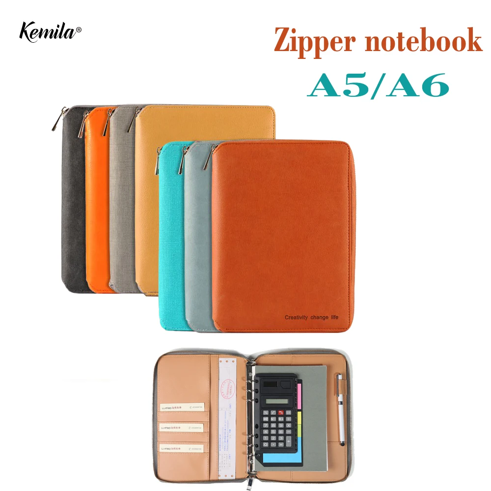 

kemila Portable A5 A6 Leather Notebook Binder Spiral Notebook Diary Journal Planner Agenda Large Capacity Padfolio Zipper bag