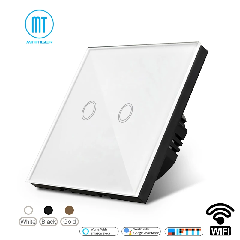 

Minitiger WIFI 2 Gang Smart Touch Screen Light Switch APP Wireless Remote Wall Switch Works With Amazon Alexa Google Home