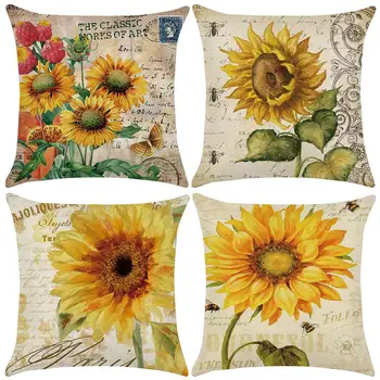 

Sunflower Print Linen Pillow Case 45*45 Double-sided Throw Pillow Cases Pillowcases Decorative Pillows Pillow Cover