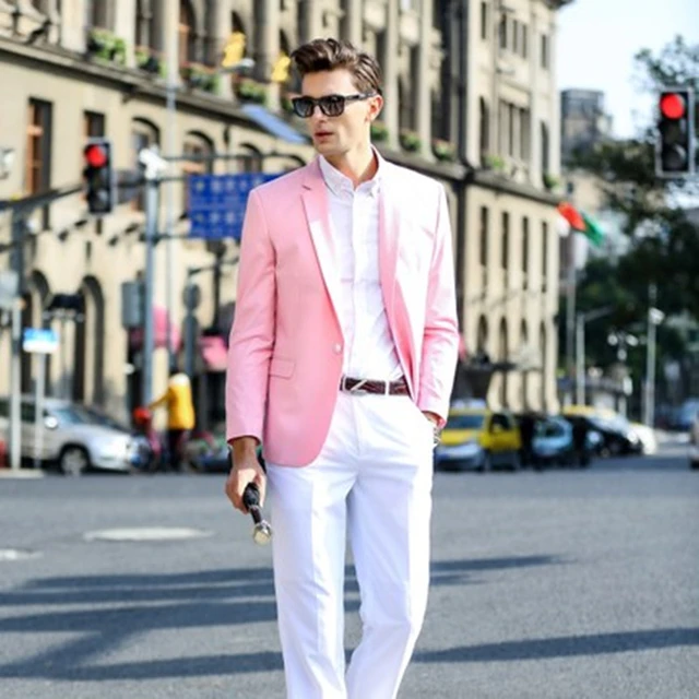 Guys' Summer Weekend Outfit Formulas, men's pink linen shirt, white pants,  and moccasins summer outfit 1 | Divine Style