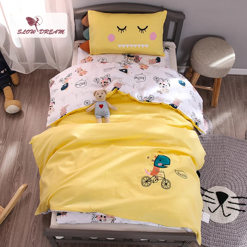 

SlowDream Cute Cartoon Dinosaur Yellow Bedding Set Kids Embroidery Duvet Cover Set 100% Cotton Home Textiles 3pcs