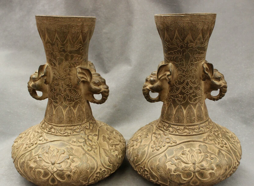

song voge gem S5183 12" Royal Chinese Palace Bronze Copper Elephant head Statue Bottle Pot Vase Pair