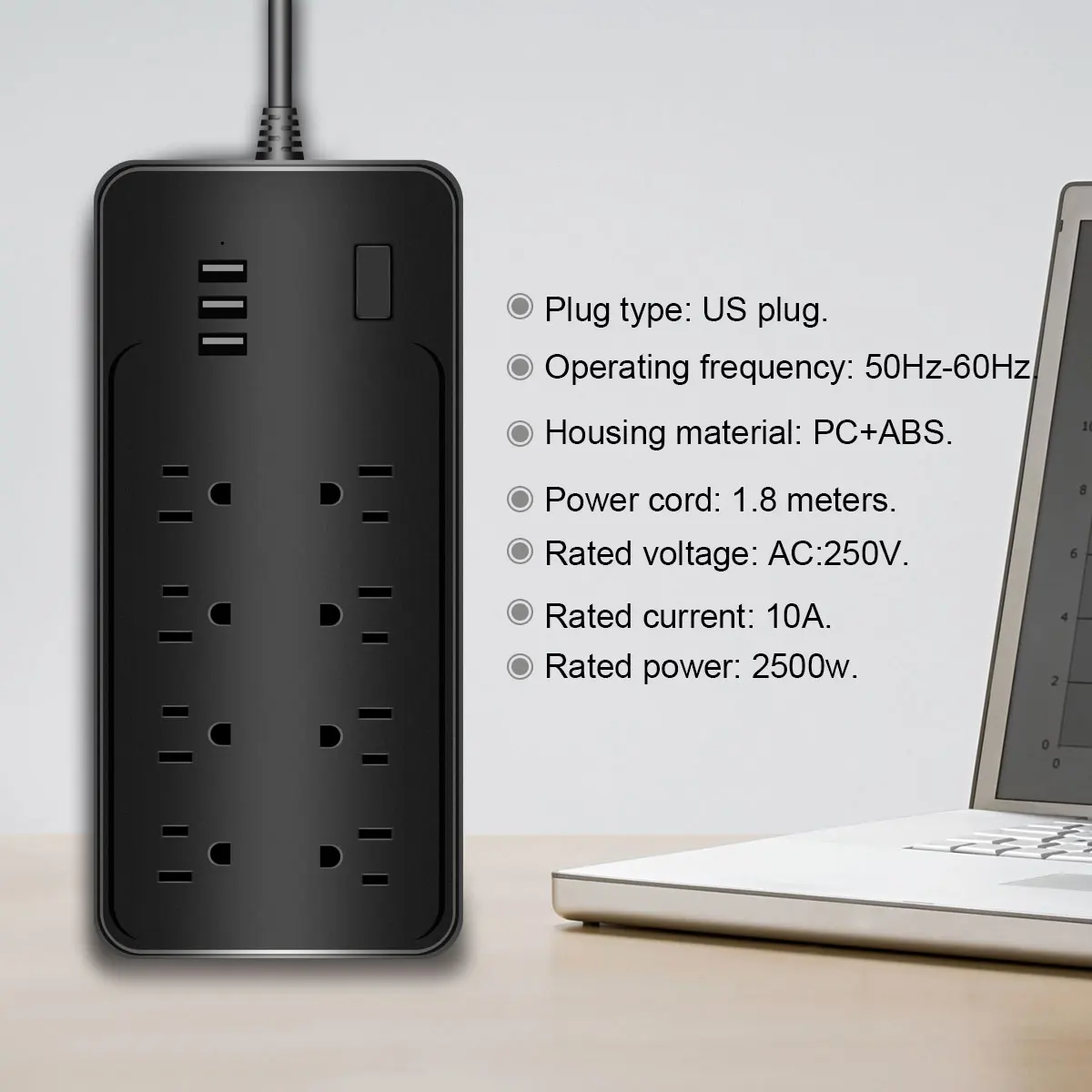 

Power Strip US Plug Smart Electrical Sockets 8 Plugs 3 USB Charging Port Adaptors with Long Power Cord 1.8m