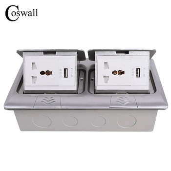 

COSWALL All Aluminum Panel Pop Up Floor Socket Universal 3 Hole Power Double Outlet With 2 USB Charging Port 1A For Mobile