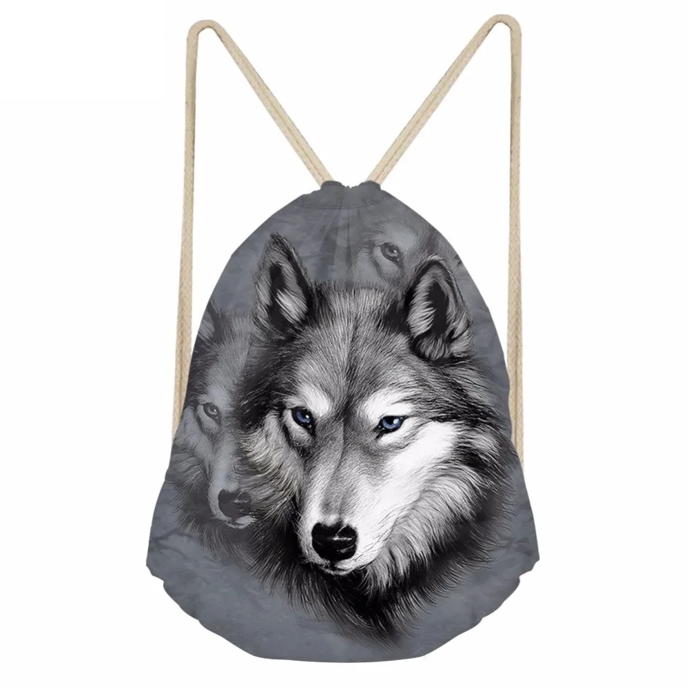 Casual Women Men Drawstrings Bags 3D Animal Wolf Print Storage Backpacks Softback Travel Beach Bag for