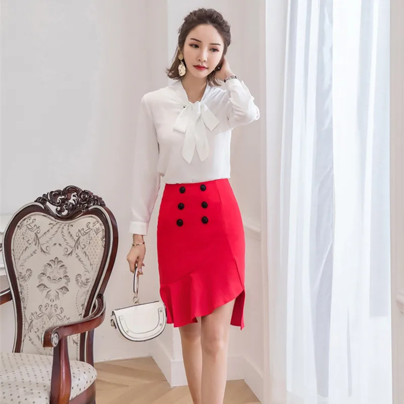

SZMXSS 2018 summer skirts women fashion buttons Half-length skirt irregular skirt black red fish tail skirt 5XL high waist skirt
