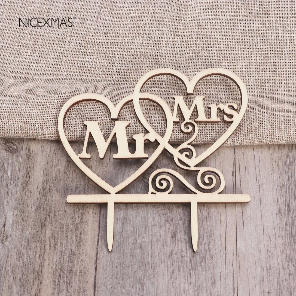 

MR MRS Wooden Wedding Cake Topper Decorative Wood Grain Cake Picks for Wedding Engagement Party Favors