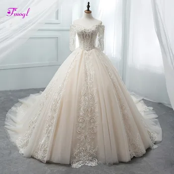 

Fmogl Long Sleeves Appliques Chapel Train A-Line Wedding Dress 2020 Luxury Beaded Boat Neck Princess Bride Gown Vestido de Noiva